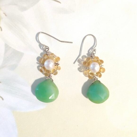 925 Sterling Silver Chrysoprase Dangle Drop Earrings Pearl Beaded Citrine Hook - Picture 2 of 8